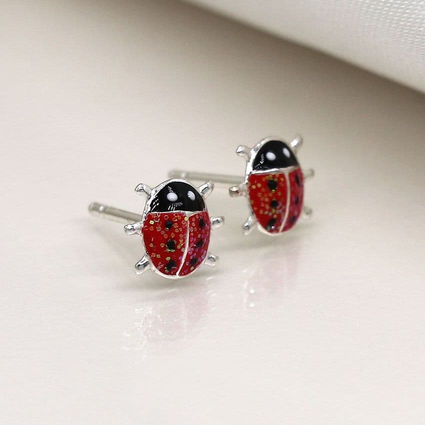STERLING SILVER ENAMEL LADY BIRD EARRINGS