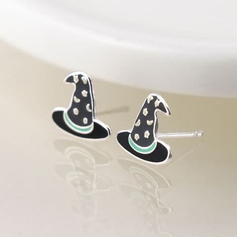 STERLING SILVER ENAMEL WITCHES HAT STUD EARRINGS