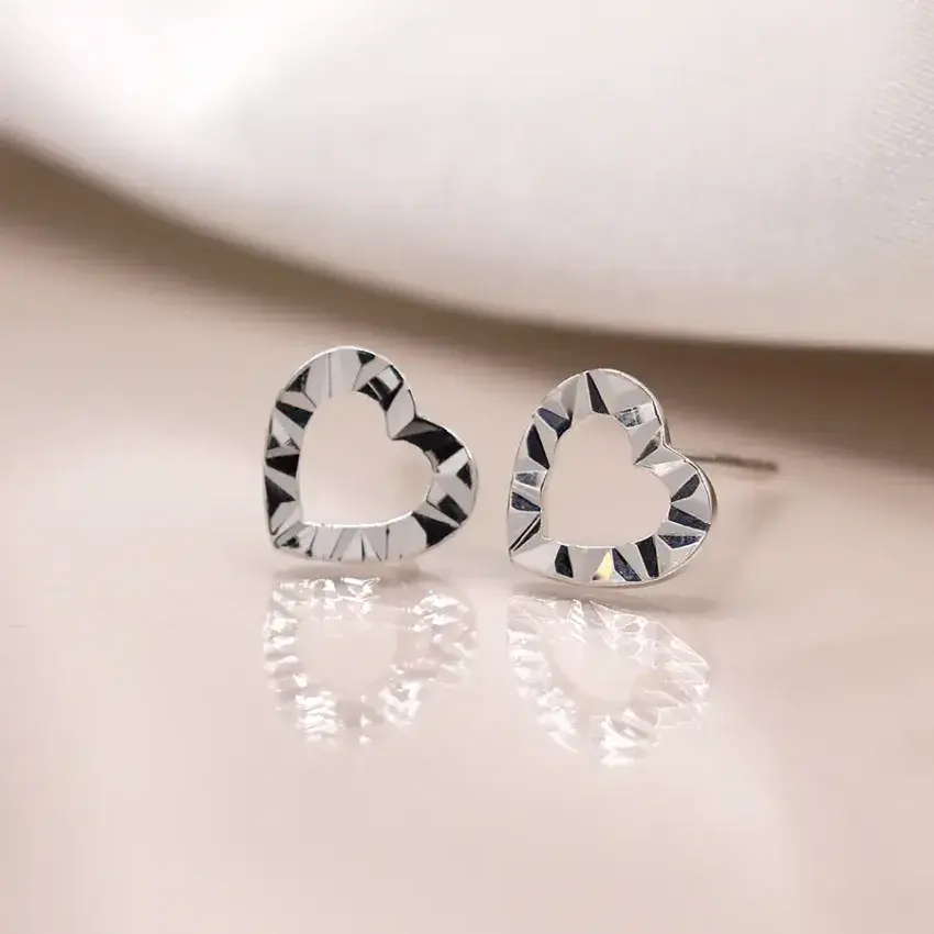 STERLING SILVER  FACETED HEART STUD EARRINGS