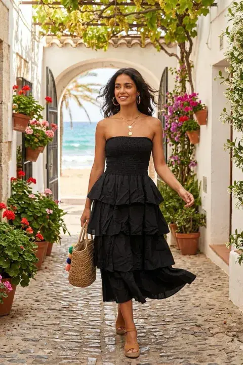 STRAPLESS TIERED MIDI DRESS