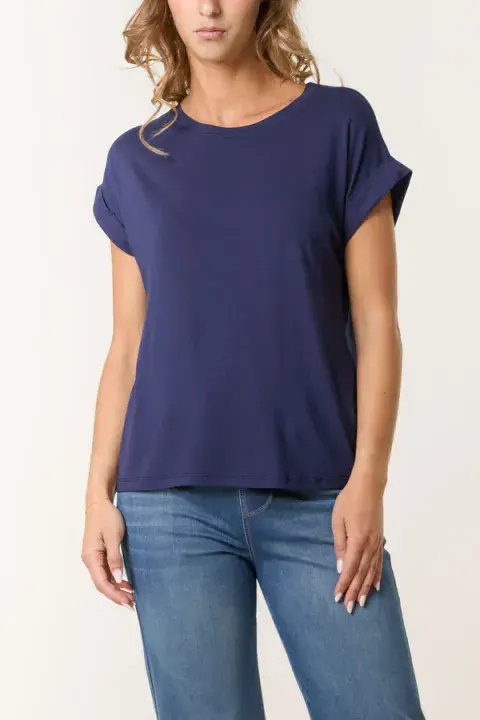 STRETCHY ROUND NECK SHORT SLEEVE T SHIRT NAVY