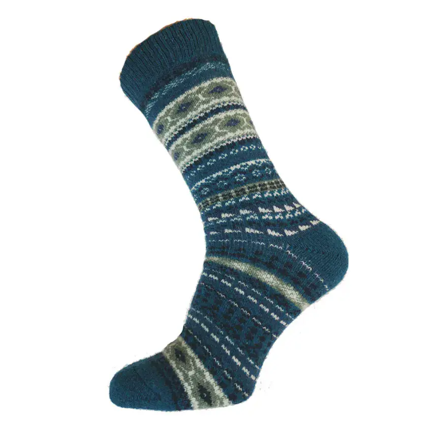 TEAL AND CREAM NORDIC PATTERNED WOOL BLEND SOCKS