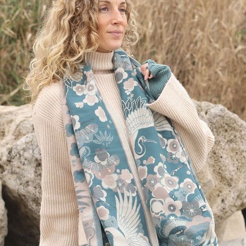 TEAL CLUE CRANE AND FLORAL JACQUARD SCARF