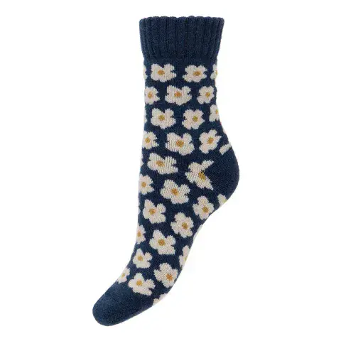 THICK BLUE WOOL BLEND SOCKS WITH RIBBED CUFF AND DAISIES