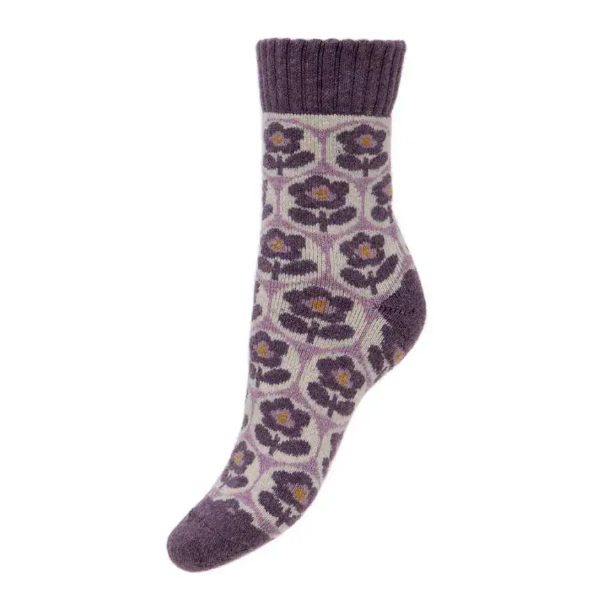 THICK CREAM AND PURPLE WOOL BLEND SOCKS WITH RIBBED CUFF AND FLOWERS