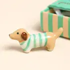 TINY MATCHBOX CERAMIC SAUSAGE DOG TOKEN