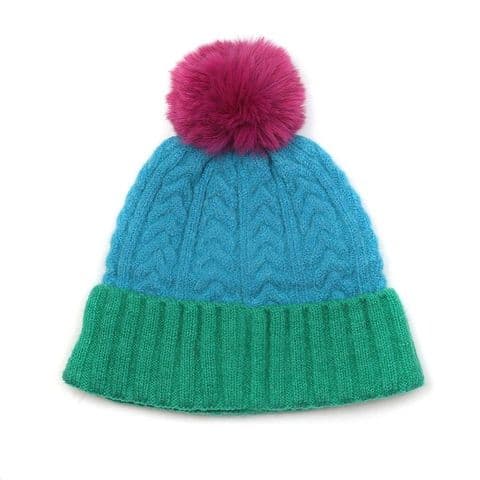 TURQUOISE, JADE & MAGENTA COLOUR BLOCK POMPOM HAT