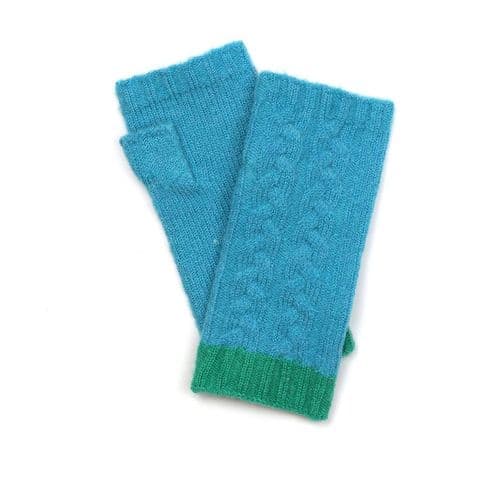 TURQUOISE RECYCLED BLEND CABLE KNIT WRIST WARMERS