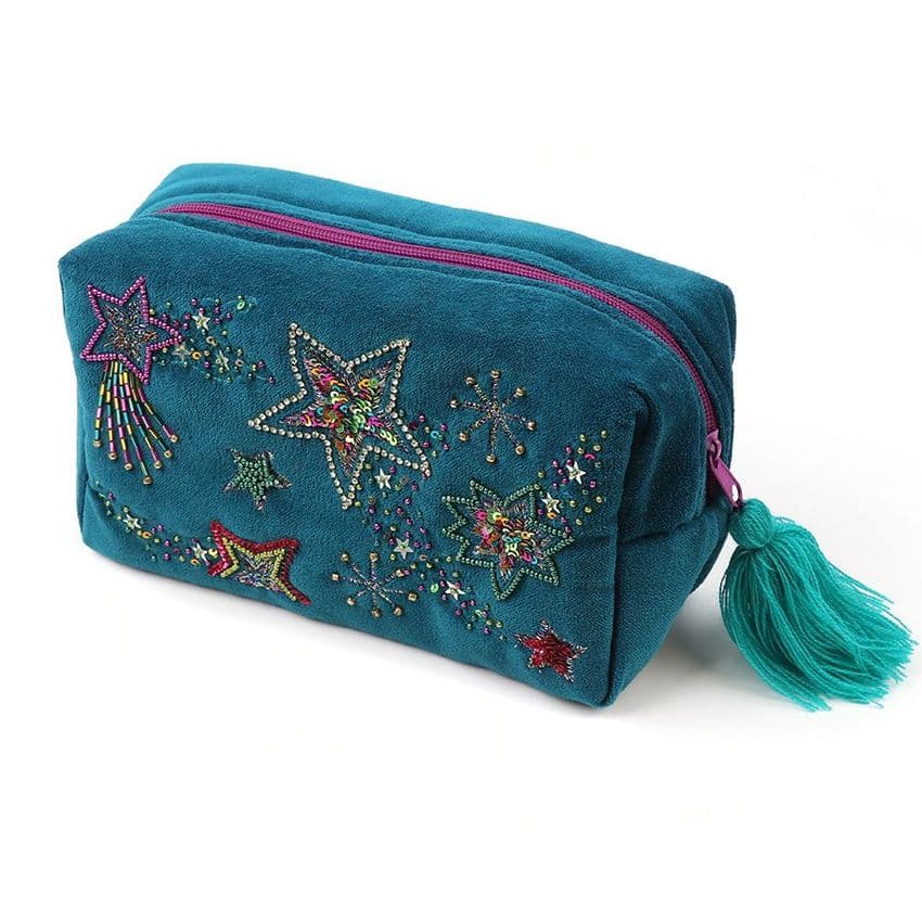 TURQUOISE VELVET BEADED & EMBROIDERED WASH BAG
