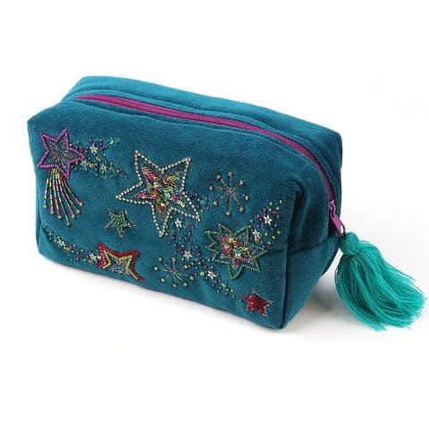TURQUOISE VELVET BEADED & EMBROIDERED WASH BAG