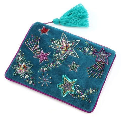 TURQUOISE VELVET EMBRIODERED & BEADED  STARS  PURSE
