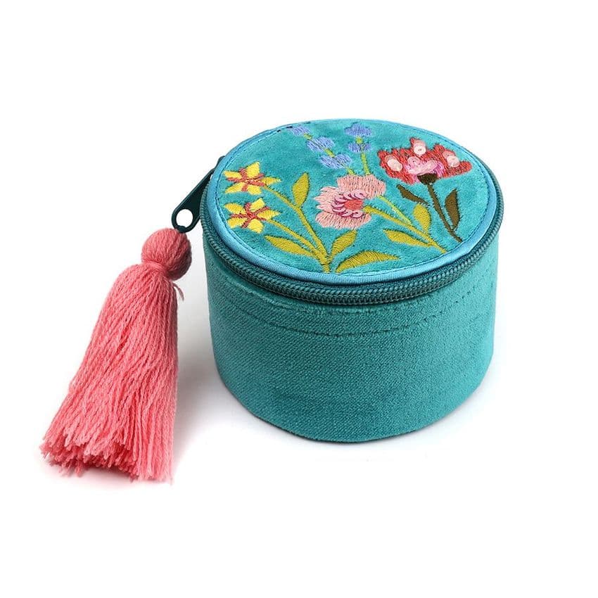 TURQUOISE VELVET FLORAL EMBELLISHED TRINKET BOX