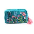 TURQUOISE VELVET FLORAL EMBROIDERES WASH BAG