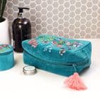 TURQUOISE VELVET FLORAL EMBROIDERES WASH BAG