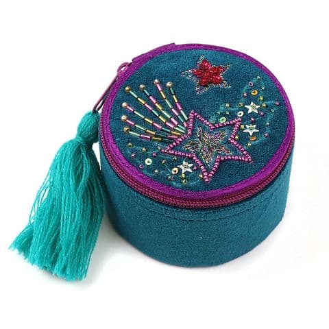 TURQUOISE VELVET STAR EMBROIDERED JEWELLERY BOX