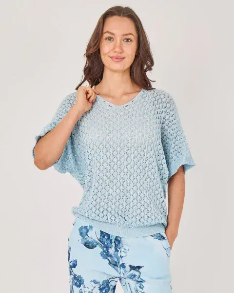 V-NECK CROCHET SHORT SLEEVE TOP IN BLUE