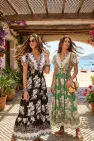 V-NECK  FLORAL PRINTED MAXI DRESS W BUTTON DETAIL