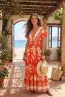 V-NECK  FLORAL PRINTED MAXI DRESS W BUTTON DETAIL