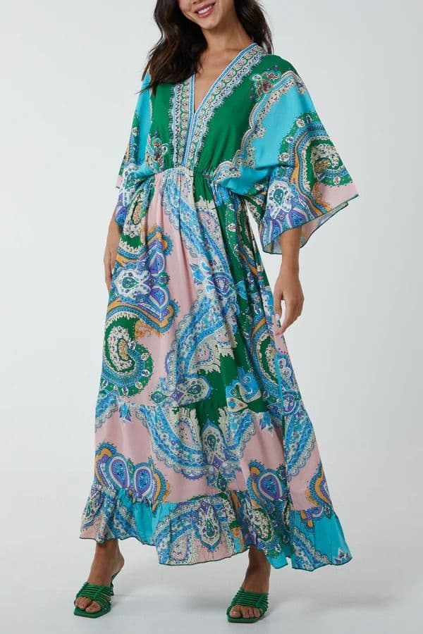 V NECK FLUTTER SLEEVE MAXI DRESS SMALL