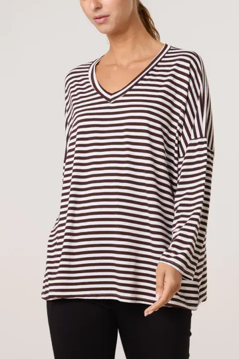 V NECK STRIPE LONG SLV  TOP