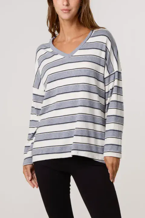 V NECK WOOL BLEND STRIPE JUMPER