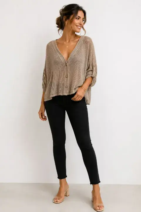 WAFFLE MESH BUTTON DETAIL CARDIGAN