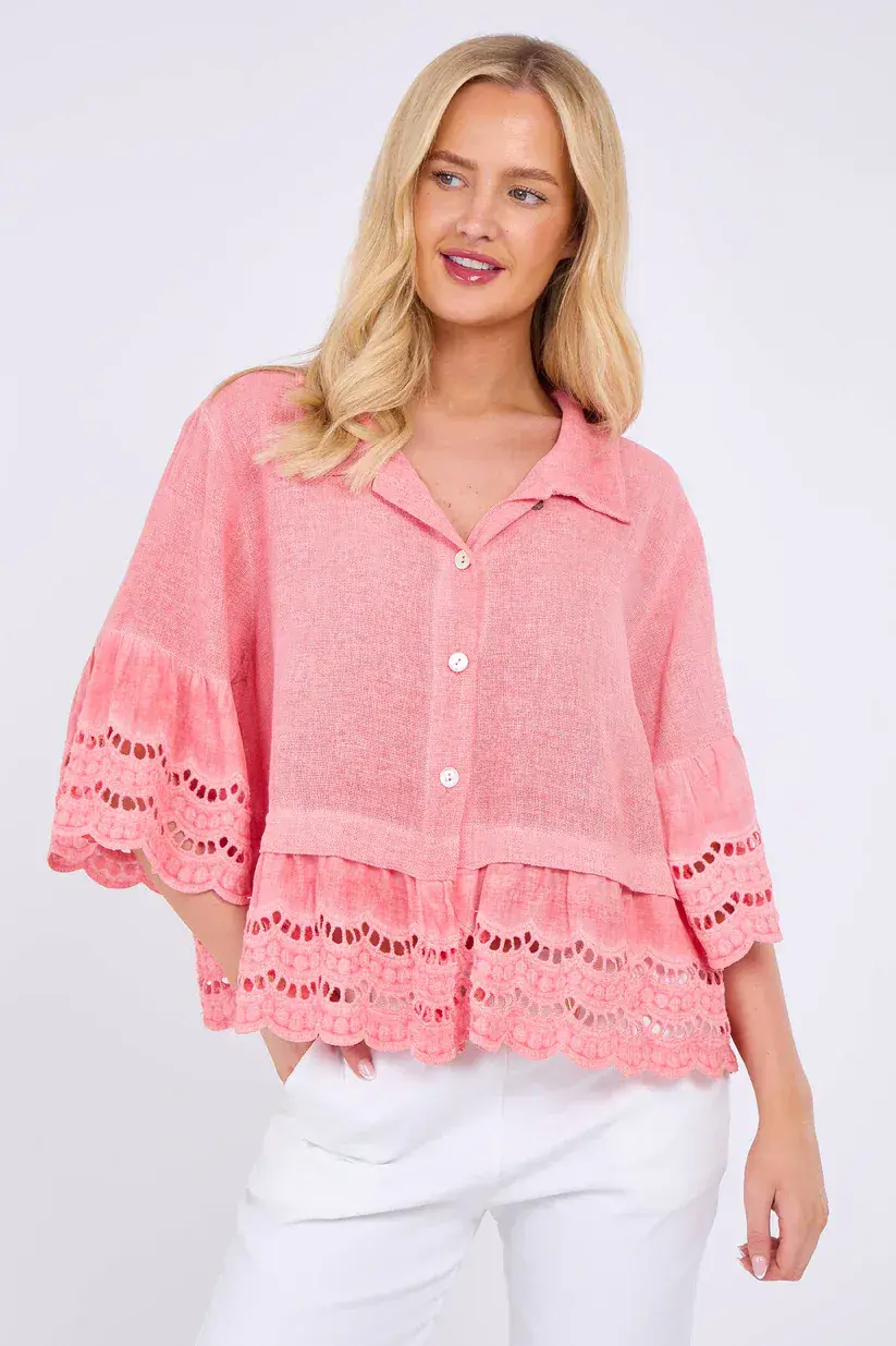 WASHED LINEN ANGLAISE SHIRT CORAL