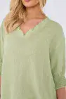 WASHED LINEN FRILL V-NECK SHIRRED SLEEVE TOP