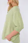 WASHED LINEN FRILL V-NECK SHIRRED SLEEVE TOP