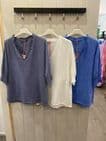 WASHED LINEN FRILL V-NECK SHIRRED SLEEVE TOP