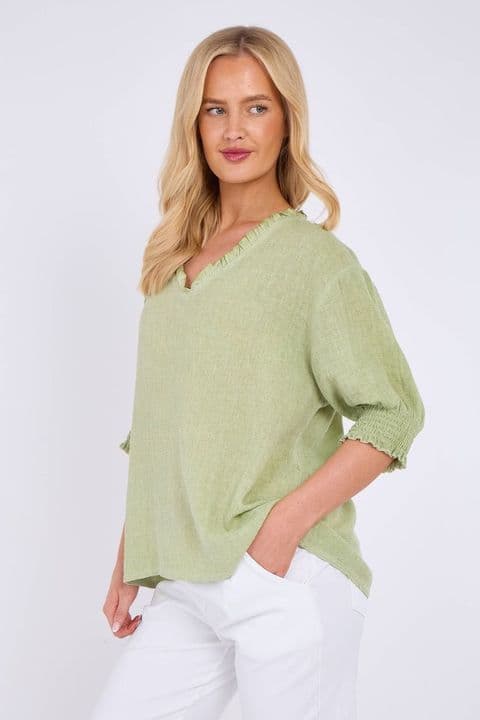 WASHED LINEN FRILL V-NECK SHIRRED SLEEVE TOP
