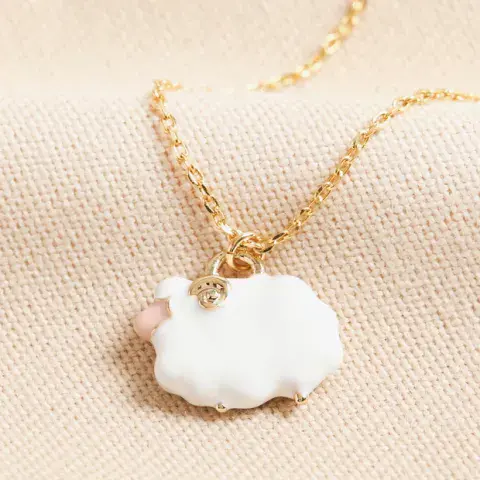 WHITE ENAMEL SHEEP PENDANT NECKLACE IN GOLD
