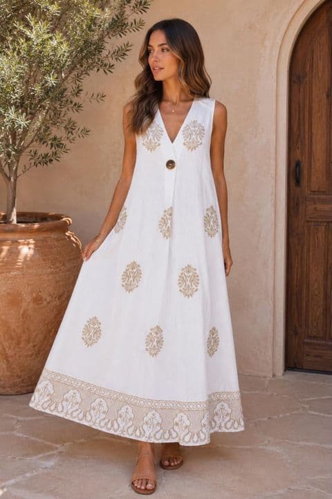 WHITE/GOLD EMBROIDERED A LINE DRESS