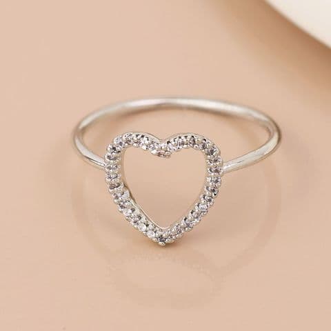 WHITE GOLD PLATED CRYSTAL OPEN HEART RING