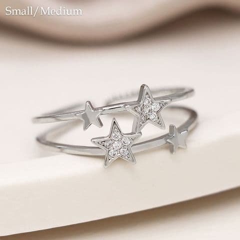 WHITE GOLD PLATED DOUBLE BAND CRYSTAL STAR RING