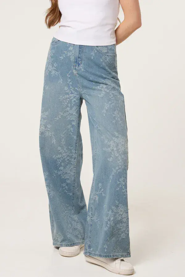WIDE LEG FLORAL PATTERN JEANS