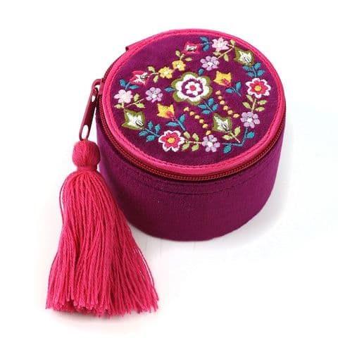 WINE VELVET FLORAL HEART EMBROIDERED JEWELLERY BOX
