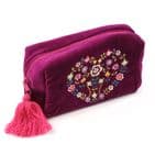 WINE VELVET FLORAL HEART EMBROIDERED WASH BAG