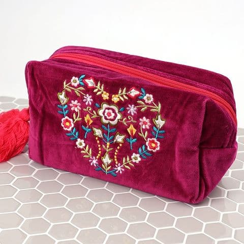 WINE VELVET FLORAL HEART EMBROIDERED WASH BAG