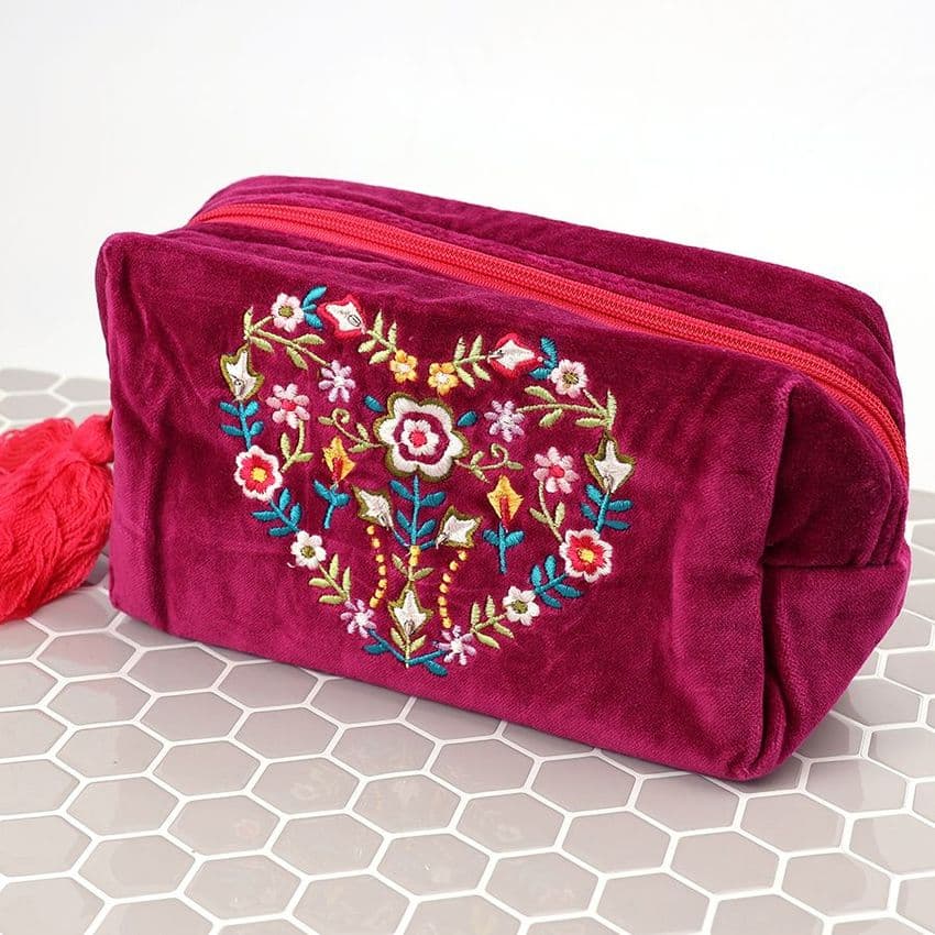 WINE VELVET FLORAL HEART EMBROIDERED WASH BAG