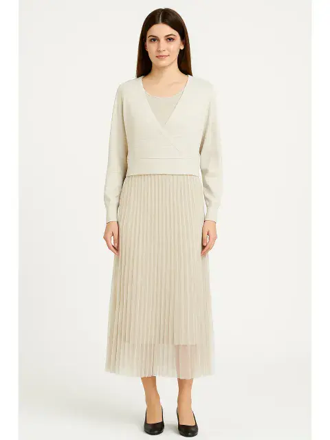 WOOL BLEND CROSS OVER JUMPER W MESH PLEAT DRESS