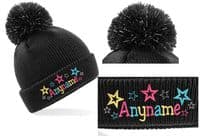 BRIGHT STAR DESIGN KIDS BOBBLE HAT with light reflective Bobble - PERSONALISED WITH ANY NAME