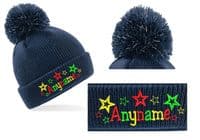 BRIGHT STAR DESIGN KIDS BOBBLE HAT with light reflective Bobble - PERSONALISED WITH ANY NAME