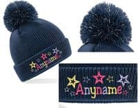 BRIGHT STAR DESIGN KIDS BOBBLE HAT with light reflective Bobble - PERSONALISED WITH ANY NAME