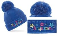BRIGHT STAR DESIGN KIDS BOBBLE HAT with light reflective Bobble - PERSONALISED WITH ANY NAME
