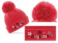 BRIGHT STAR DESIGN KIDS BOBBLE HAT with light reflective Bobble - PERSONALISED WITH ANY NAME