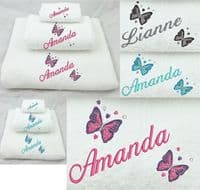 Butterfly & hearts design White Towel sets or available individually Embroidered & Personalised