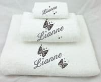 Butterfly & hearts design White Towel sets or available individually Embroidered & Personalised