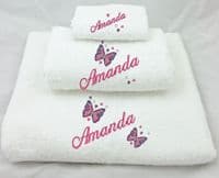 Butterfly & hearts design White Towel sets or available individually Embroidered & Personalised