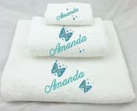 Butterfly & hearts design White Towel sets or available individually Embroidered & Personalised